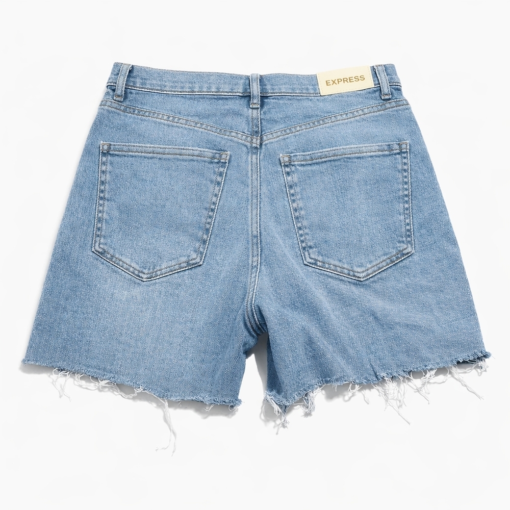 EXPRESS Mid Rise Light Wash Raw Hem Jean Shorts SIZE 4 Reg - Picture 4 of 6